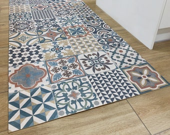 Moroccan Vinyl Rug Runner in Tile Effect Pattern For Kitchen, Hallway and Bathroom Floors, Decorative Linoleum PVC Mat - Marrakesh