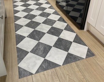 Checkerboard Vinyl Runner Rug in Black and White Marble Tile Design For Kitchen, Hallway and Dining Room Floors