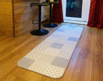 Kitchen Runner Mat in Moroccan Tile Design, Linoleum Floor Mat, Patchwork PVC Mat, Grey and White Rug Runner - Agadir