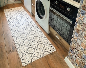 Grey and White Victorian Tile Design Vinyl Rug Runner For Kitchen, Dining Room and Hallway Floors - Windsor