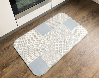 Tapete de cocina estilo marroquí, tapete de PVC, tapete de vinilo pequeño, alfombra decorativa de linóleo, tapete estampado gris y blanco - Agadir