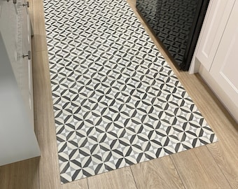 Vinyl Kitchen Runner Floor Mat in Grey Geometric Mosaic Tile Design - Mayfair