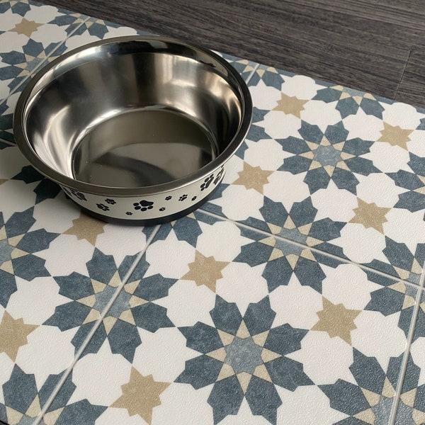 Vinyl Dog Bowl Runner Floor Mat in Moroccan Tile Pattern - Bahia Blue