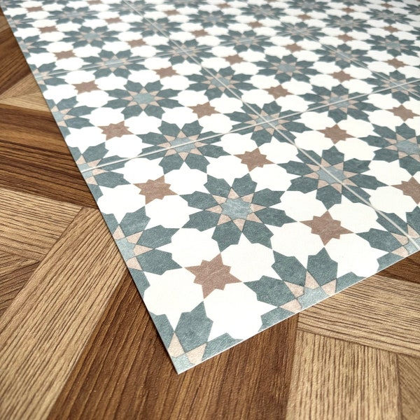 Kitchen Runner Floor Mat in Geometric Star Tile Pattern, Brown and White Decorative Moroccan Style Lino Rug