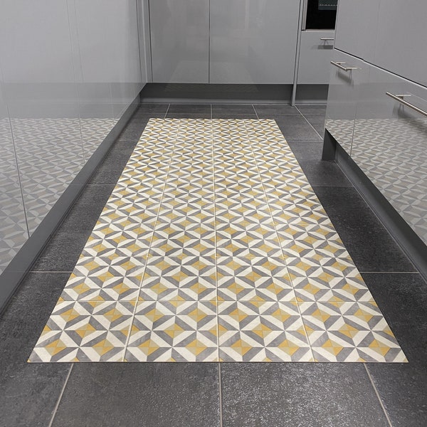 Geometric Vinyl Runner Floor Mat in Mosaic Tile Pattern For Kitchen, Hallway, and Dining Room Floors - Kensington