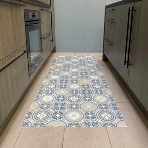 Spanish Tile Vinyl Runner Rug, Kitchen Floor Mat, Blue and Grey Linoleum Rug, Decorative PVC Mat - Madrid