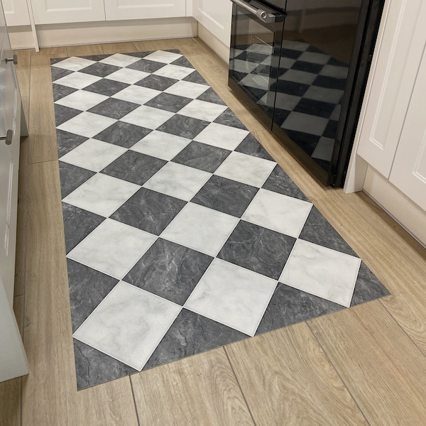 Checkerboard Vinyl Runner Rug in Black and White Marble Tile Design For Kitchen, Hallway and Dining Room Floors