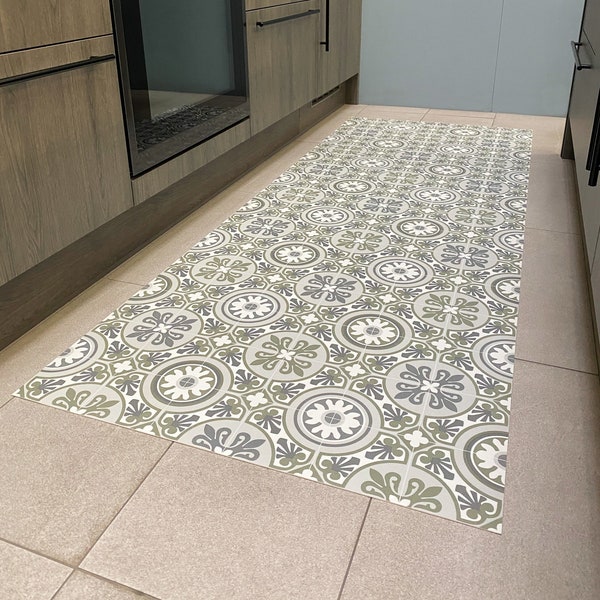 Vinyl Floor Mat in Spanish Tile Design, Kitchen Runner Rug, Green Linoleum Mat, Patterned PVC Bathroom & Hallway Vinyl Rug - Seville