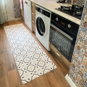 Grey and White Victorian Tile Design Vinyl Rug Runner For Kitchen, Dining Room and Hallway Floors - Windsor