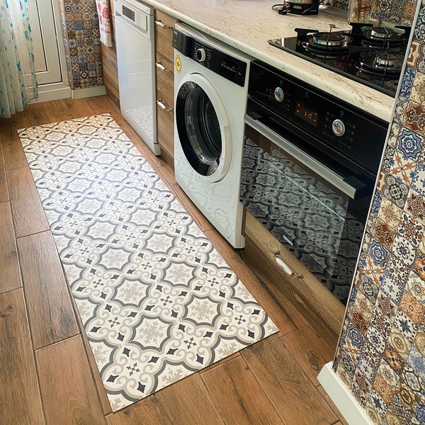 Grey and White Victorian Tile Design Vinyl Rug Runner For Kitchen, Dining Room and Hallway Floors - Windsor