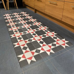 Vinyl Flooring Rug in Red, Black and White Victorian Tile Pattern For Kitchen, Hallway and Bathroom Floors  - Lancaster