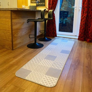 Kitchen Runner Mat in Moroccan Tile Design, Linoleum Floor Mat, Patchwork PVC Mat, Grey and White Rug Runner - Agadir