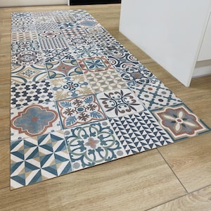 Moroccan Vinyl Rug Runner in Tile Effect Pattern For Kitchen, Hallway and Bathroom Floors, Decorative Linoleum PVC Mat - Marrakesh