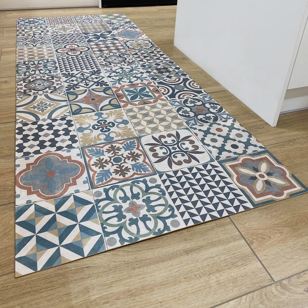 Alfombra de vinilo marroquí con diseño de efecto azulejo para suelos de cocina, pasillo y baño, alfombra decorativa de PVC de linóleo - Marrakech