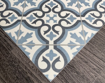 Kitchen Floor Mat in Blue and White Moroccan Tile Pattern, Decorative Vinyl Runner Rug - Madeira