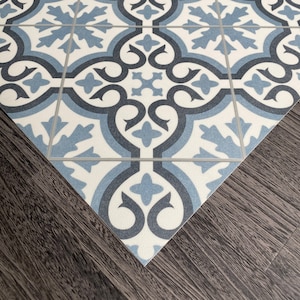 Kitchen Floor Mat in Blue and White Moroccan Tile Pattern, Decorative Vinyl Runner Rug - Madeira
