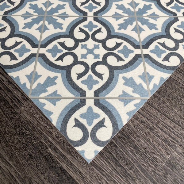 Kitchen Floor Mat in Blue and White Moroccan Tile Pattern, Decorative Vinyl Runner Rug - Madeira