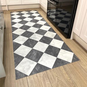 Checkerboard Vinyl Runner Rug in Black and White Marble Tile Design For Kitchen, Hallway and Dining Room Floors