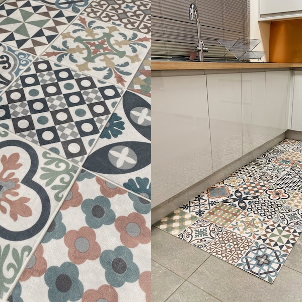 Vinyl Floor Mat in Moroccan Tile Pattern, Kitchen Rug Runner, Linoleum Flooring Mat, Multi Coloured Morocco Rug, Decorative Mat - Marrakesh