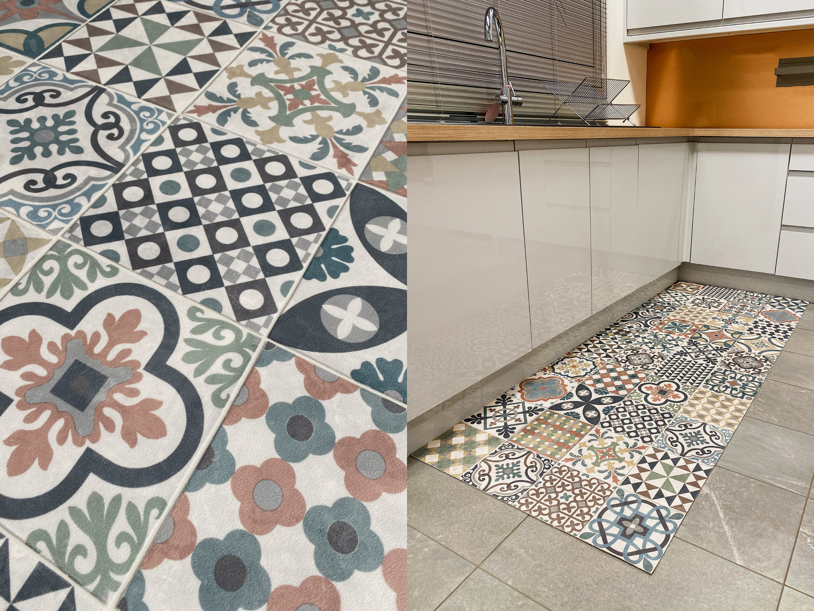 Moroccan Vinyl Rug Runner in Tile Effect Pattern for Kitchen 