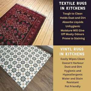 May include: A comparison of two types of rugs for kitchens. The top image shows a traditional red and black patterned rug with the text "Textile Rugs in Kitchens" and a list of reasons why they are not ideal for kitchens. The bottom image shows a patterned vinyl rug with the text "Vinyl Rugs in Kitchens" and a list of reasons why they are a better choice for kitchens.