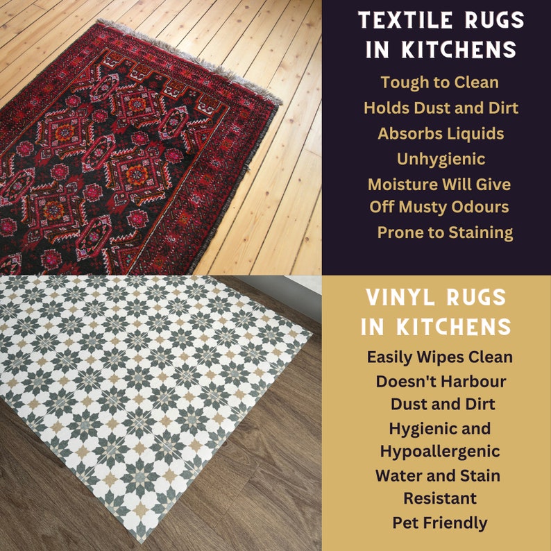 May include: A comparison of two types of rugs for kitchens. The top image shows a traditional red and black patterned rug with the text "Textile Rugs in Kitchens" and a list of reasons why they are not ideal for kitchens. The bottom image shows a patterned vinyl rug with the text "Vinyl Rugs in Kitchens" and a list of reasons why they are a better choice for kitchens.