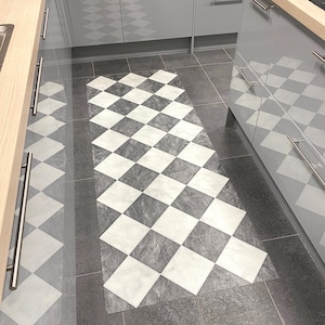 Checkered Kitchen Floor Mat, Black and White Vinyl Rug, Patterned Marble Tile Effect Runner
