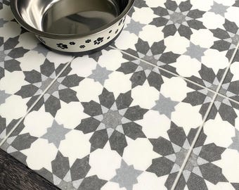Cat and Dog Bowl Placemat, Grey and White Pet Feeding Mat, Moroccan Tile Pattern Vinyl Runner