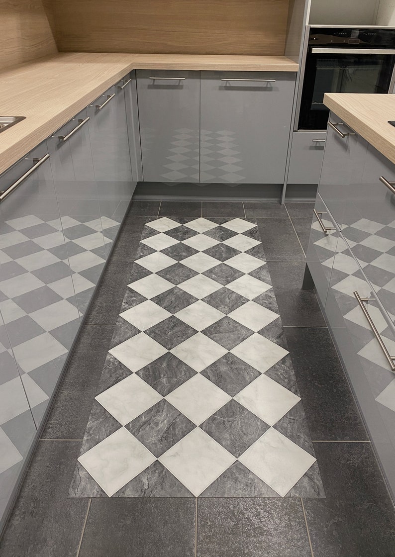 kitchen floor mat in black and white diamond check design