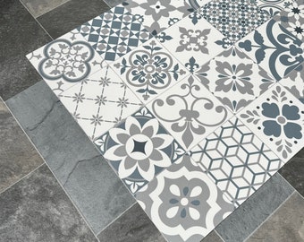 Vinyl Runner Floor Mat in Blue, Grey and White Patchwork Moroccan Tile Pattern