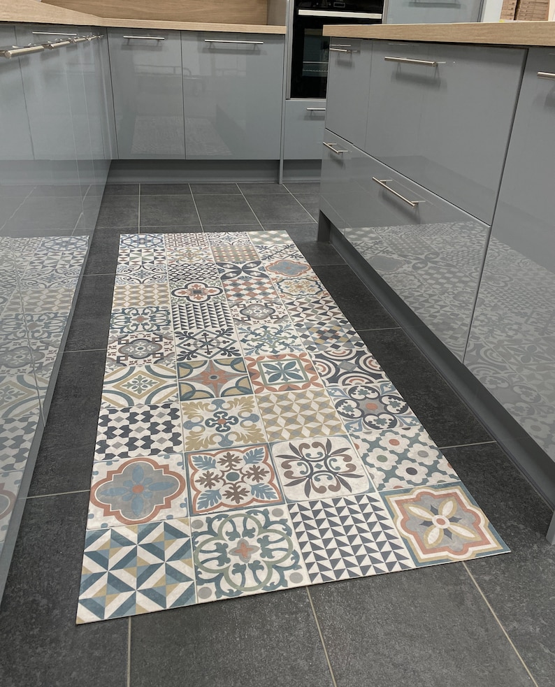Moroccan Vinyl Rug Runner in Tile Effect Pattern For Kitchen, Hallway and Bathroom Floors, Decorative Linoleum PVC Mat Marrakesh image 6