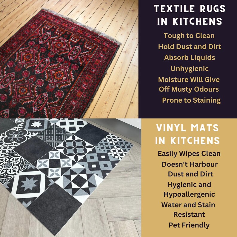 Geometric Vinyl Floor Mat in Black, Grey and White, Cushioned Moroccan