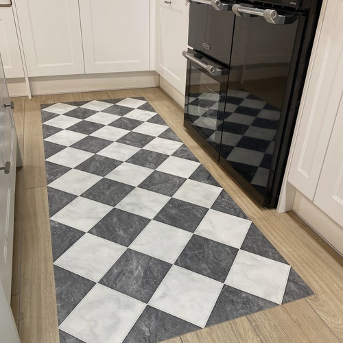 Vinyl Floor Runner Rug in Grey Tile Design Kitchen Decor Mat Etsy