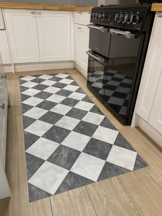 Checkerboard Vinyl Runner Rug in Black and White Marble Tile Design for  Kitchen Hallway and Dining Room Floors 