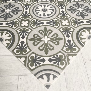 Green Moroccan Tile Vinyl Floor Mat, Decorative Runner Rug For Kitchen and Hallway Floors - Seville