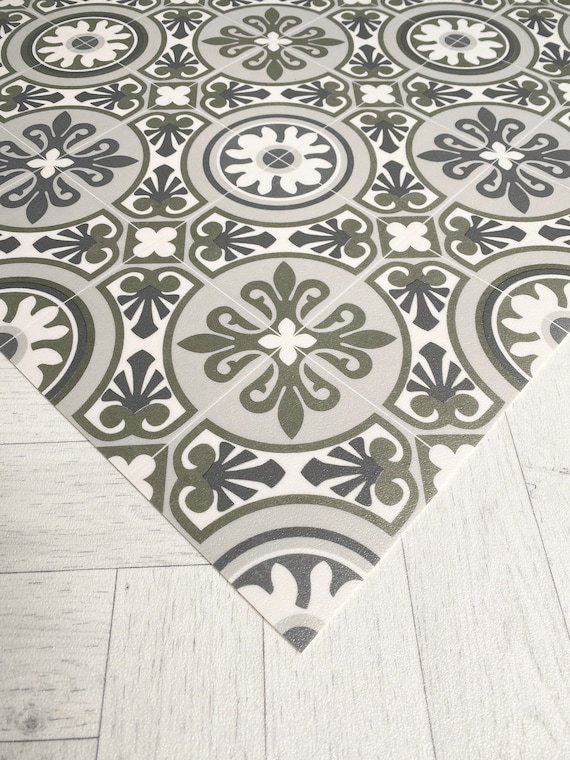 Green Vinyl Floor Mat, Moroccan Tile Effect Runner Rug, Patterned Kitchen Lino Carpet