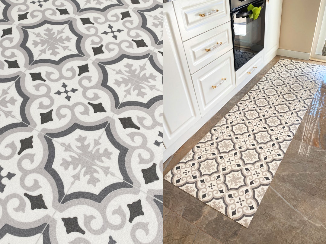 Vinyl Floor Mat in Grey and White Moroccan Tile Pattern, Linoleum Rug ...