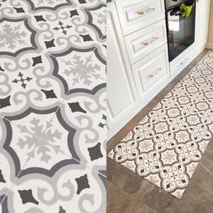 Vinyl Floor Mat in Grey and White Moroccan Tile Pattern, Linoleum Rug, PVC Floormat For Kitchens, Bathrooms and Hallways - Windsor