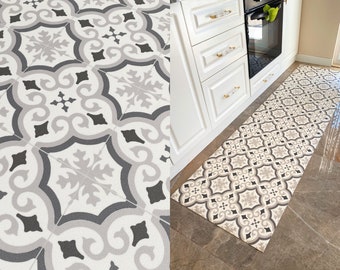 Vinyl Floor Mat in Grey and White Moroccan Tile Pattern, Linoleum Rug, PVC Floormat For Kitchens, Bathrooms and Hallways - Windsor