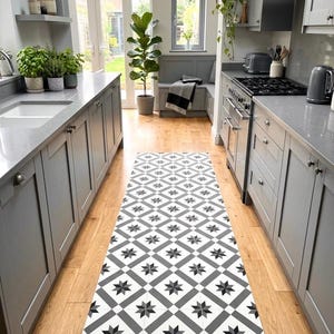 Waterproof Kitchen Runner Rug | Grey and White Geometric Vinyl Floor Mat