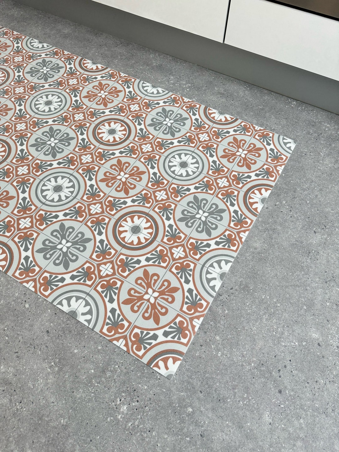 Kitchen Runner Rug in Terracotta Spanish Tile Pattern, Linoleum Vinyl