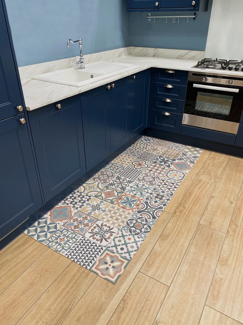 Moroccan Vinyl Rug Runner in Tile Effect Pattern For Kitchen, Hallway and Bathroom Floors, Decorative Linoleum PVC Mat Marrakesh image 4