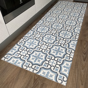 Blue Vinyl Runner Rug in Portuguese Azulejos Tile Design, Decorative Kitchen and Hallway Floor Mat - Madeira