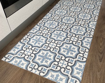 Blue Vinyl Runner Rug in Portuguese Azulejos Tile Design, Decorative Kitchen and Hallway Floor Mat - Madeira
