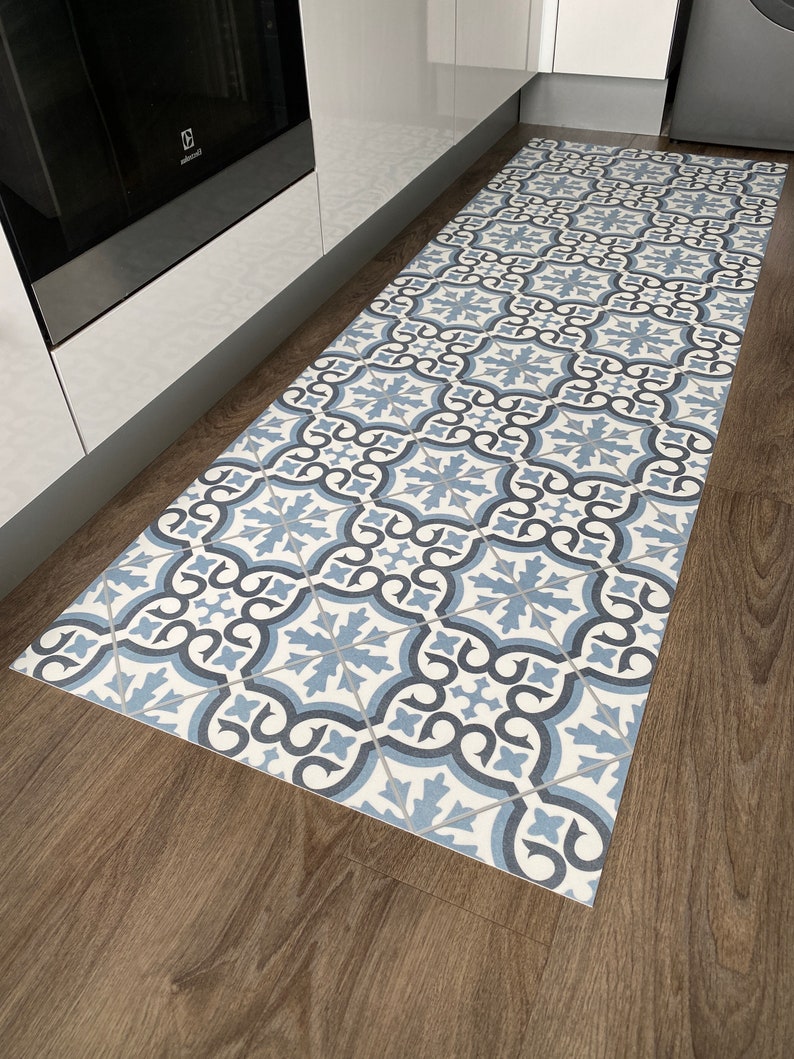 Blue Vinyl Runner Rug in Portuguese Azulejos Tile Design, Decorative ...