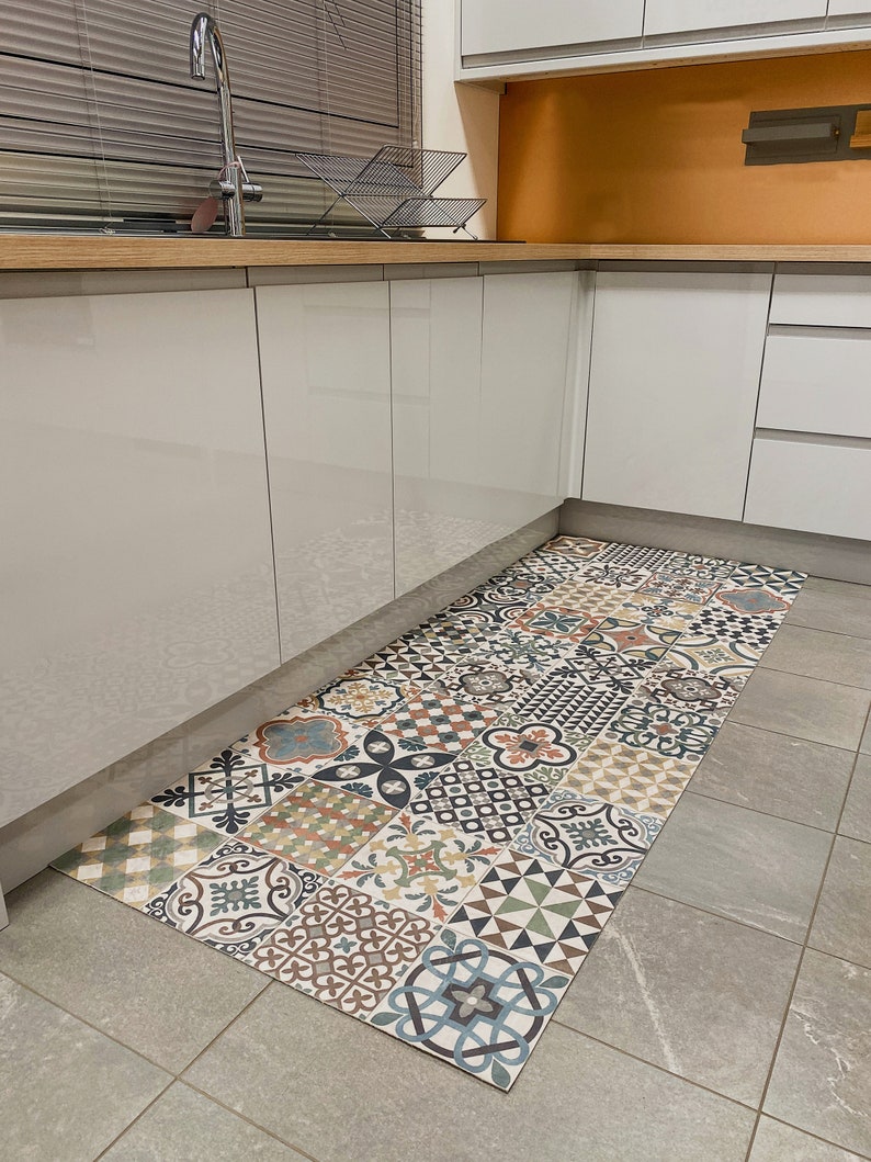 Moroccan Vinyl Rug Runner in Tile Effect Pattern For Kitchen, Hallway and Bathroom Floors, Decorative Linoleum PVC Mat Marrakesh image 2