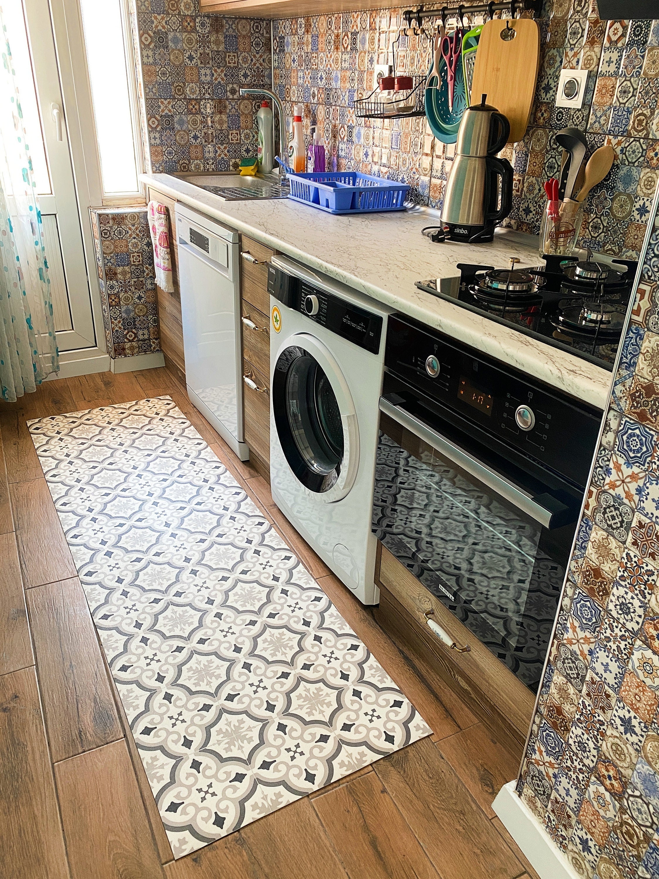 Grey and White Victorian Tile Design Vinyl Rug Runner For Kitchen, Dining Room and Hallway Floors - Windsor