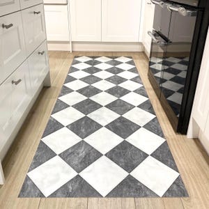 Checkered Kitchen Floor Mat, Black and White Vinyl Rug, Patterned ...
