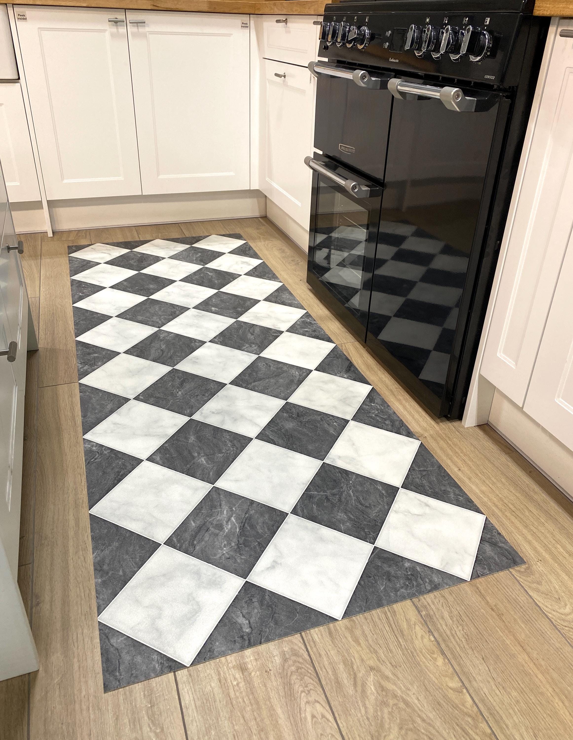 Checkerboard Vinyl Runner Rug in Black and White Marble Tile Design For Kitchen, Hallway and Dining Room Floors