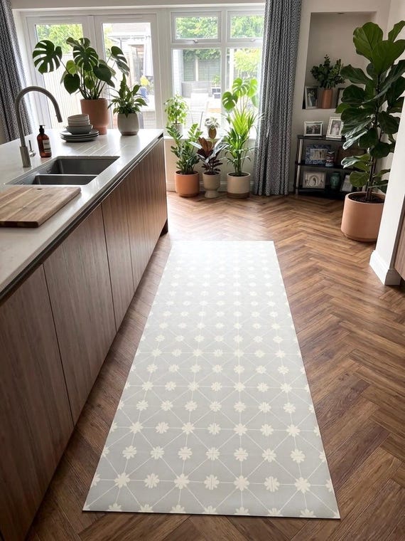 Wipe Clean Kitchen Runner Rug Floor Mat in Grey and White Floral Pattern